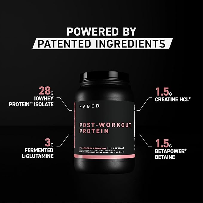 Kaged Post Workout Protein Powder | Re-Kaged | 28g Whey Protein with Creatine, Glutamine & Betaine for Muscle Growth & Recovery | Low Sugar | 20 Servings | Strawberry Lemonade