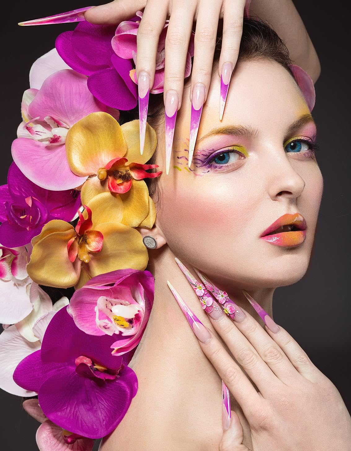 Handmade Press on Nails Long Almond Tip Fake Nails Summer 3D Flowers Design Nails Press Ons with Glossy Cat Eyes Reusable False Nails Luxury Full Cover Stick on Nail for Women Manicure 10Pcs (Size M)