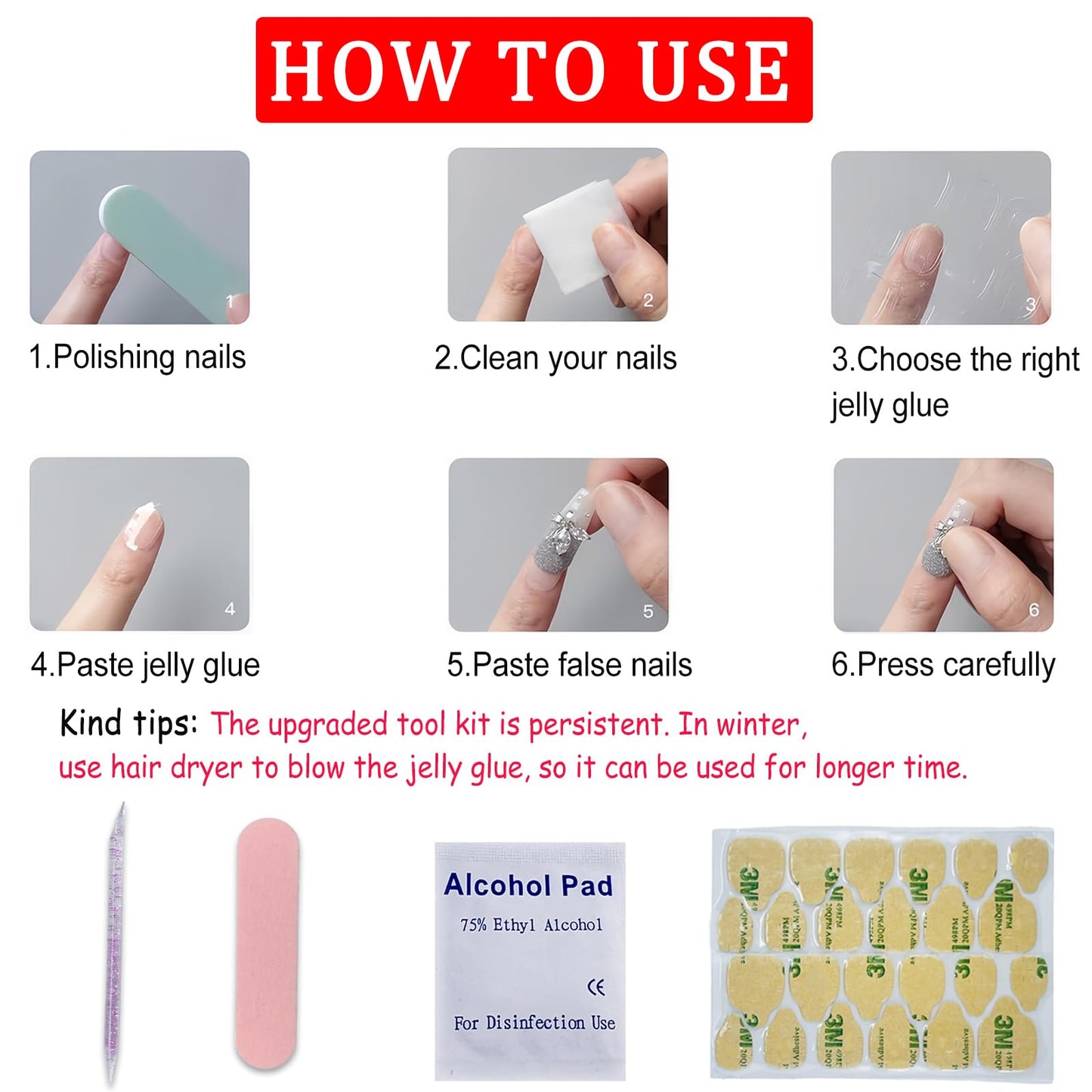 4th of July Glitter Fireworks Press on Nails Short Square Fake Nails Independence Day French Tips Design False Nails Full Cover Glossy Patriotic Stars for Women Decoration 24Pcs