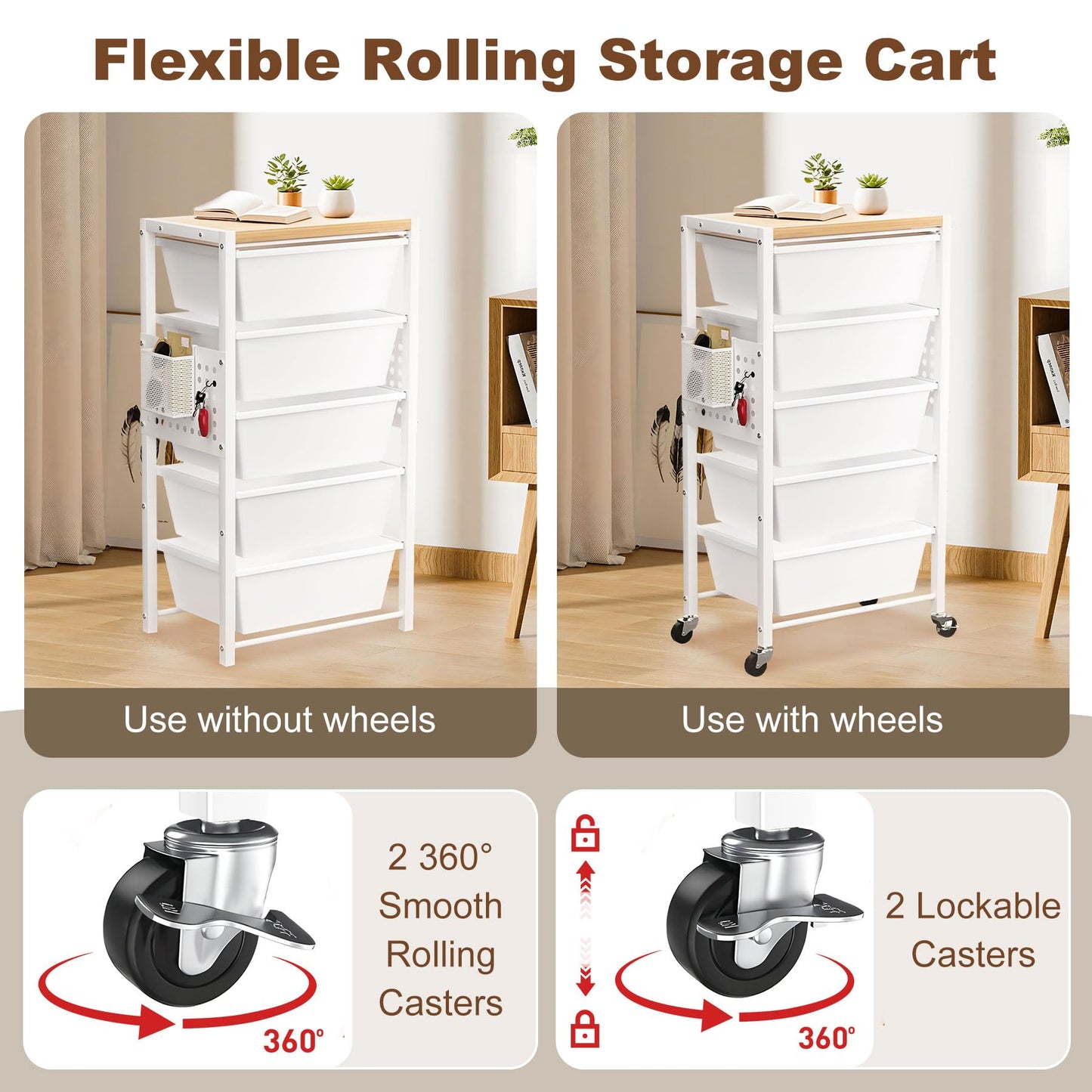 Rolling Cart with Drawers, Rolling Storage Cart with 5 Large Plastic Drawers & Wooden Tabletop, Utility Cart with Pegboards & Basket, Storage Drawers Cart for Living Room, Classroom, Bedroom, Office