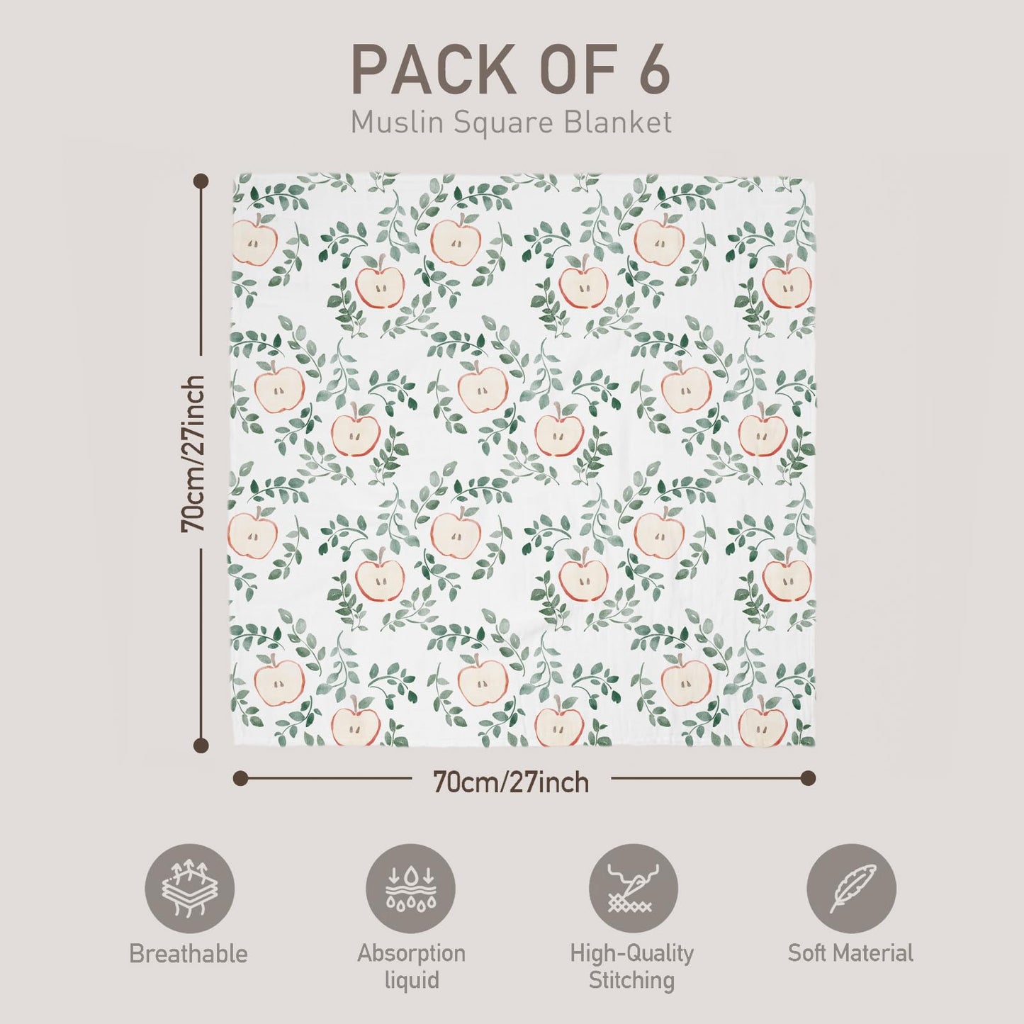 GLLQUEN BABY Receiving Blanket Boy Cotton Muslin Swaddle Blankets Girl Newborn Squares Breathable & Soft Thin Baby Blankets Cloths Double Absorbent Infant Swaddling Wrap - 6 Pack (Apple)