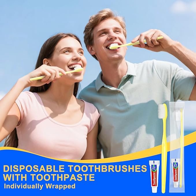 Yellow Disposable Toothbrushes with Toothpaste - Pack of 200,Individually Wrapped Single Use Travel Toothbrushes Kit Bulk for Homeless,Guests,Hotel,Dentist