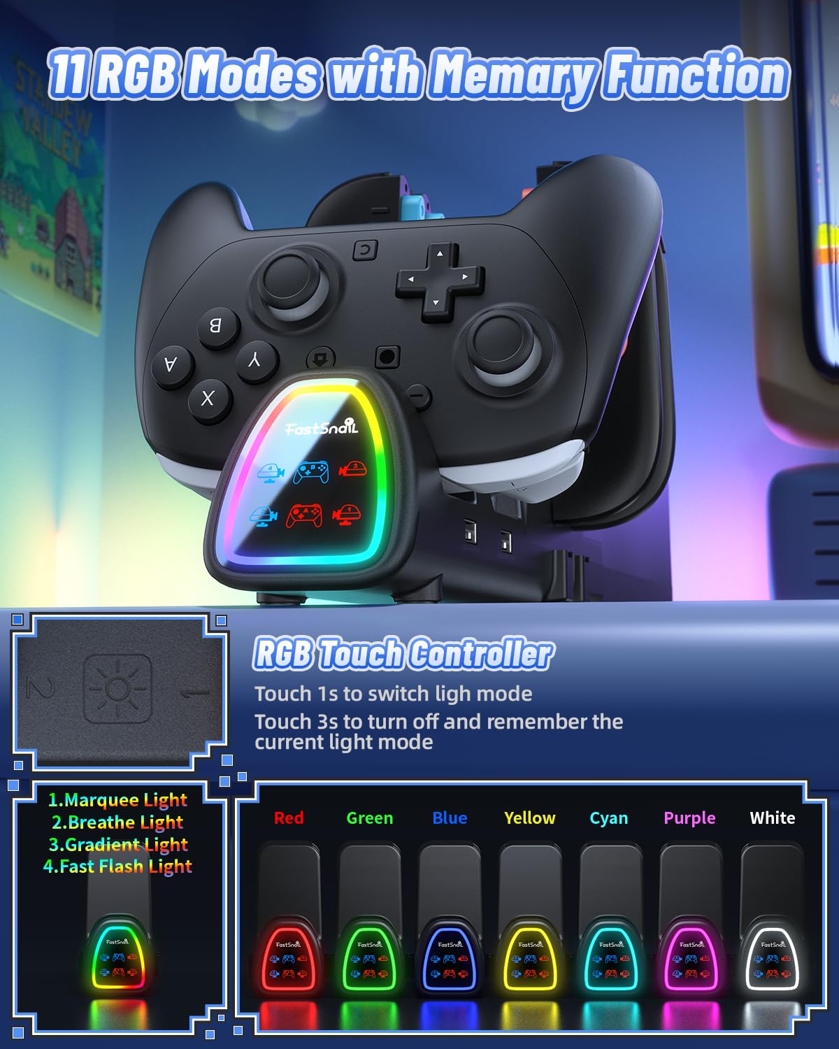 FASTSNAIL [Switch 1/2 Compatible] Controller Charging Dock for Nintendo Switch 2/1 for Joycon 2, 10 in 1 Fast Controller Charger Station Stand for Pro Controller 2/1 with 11 RGB Modes, LED Indicator