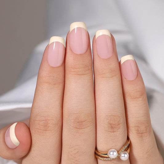 WAFOLOZE Light Yellow French Tip Press On Nails - Square Short Fake Nails, Glue On Nails Short, Artificial Nails 16 Sizes - 32Pcs Reusable Soft Gel False Nails Tips Kit, Stick On Nails for Women