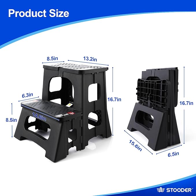Folding 2-Step Stool - Upgraded Stable A-Frame, Safety Lock, Anti-Slip Rubber Feet, 300lb Capacity, No Assembly - 8" 17" Step Stools for Kitchen, Bathroom, Bed, RV, Home, Office (Black)