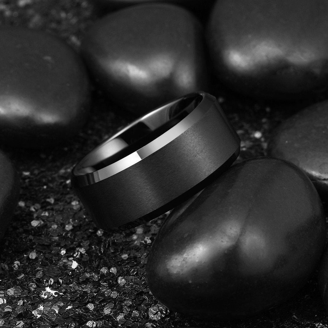 King Will 10mm Men's Black Wedding Ring - Brushed Matte Surface, Beveled Polished Edge, Comfort Fit Size 11