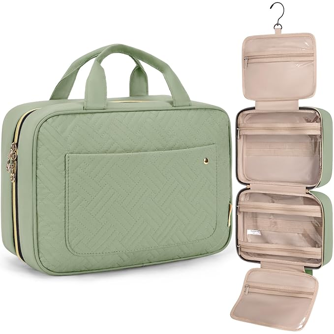 BAGSMART Toiletry Bag Travel Bag with Hanging Hook, Water-resistant Makeup Cosmetic Bag Travel Organizer for Accessories, Shampoo, Full-size Container, Toiletries (Green, Large)