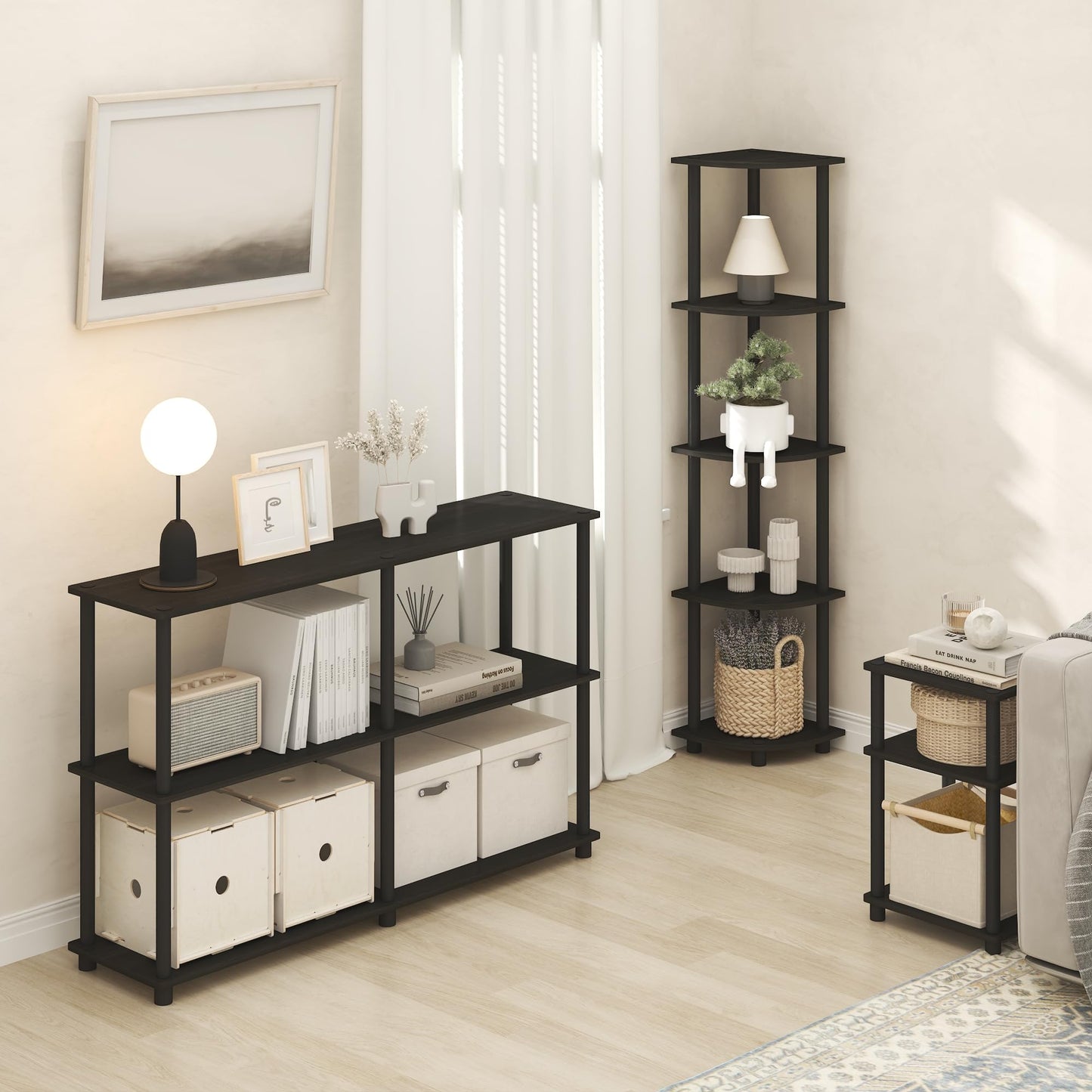 Furinno Turn-N-Tube Corner Shelf, 5-Tier Corner Bookshelf, Open Storage Shelves, for Organization and Storage, Living Room, Home Office, Garage, Bedroom, Black Espresso