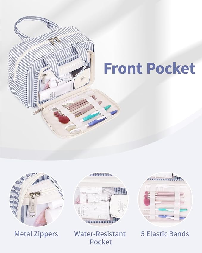 Narwey Large Travel Toiletry Bag for Traveling Women, Cosmetic Makeup Bag Make Up Organizer, Striped Travel Bag for Toiletries with Handle (Greyish Blue Stripe)