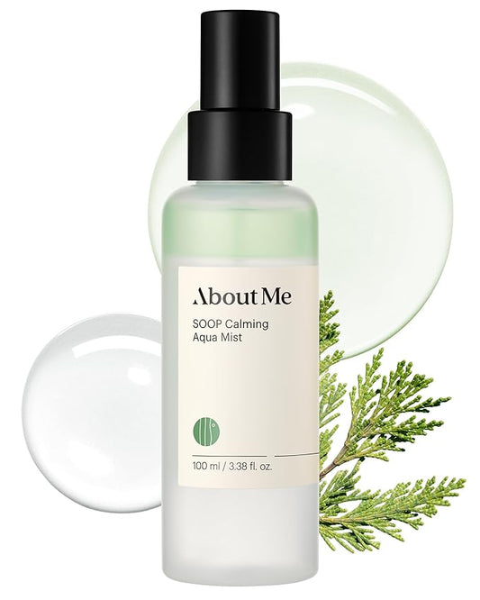 About Me SOOP Calming Aqua Mist – Korean 80.4% Jeju Cypress Water 2-Layer Face Spray for All Skin Types – Daily pH Balancing Mist with Centella & Tea Tree – Korean Skin Care – 4.23oz, 125ml