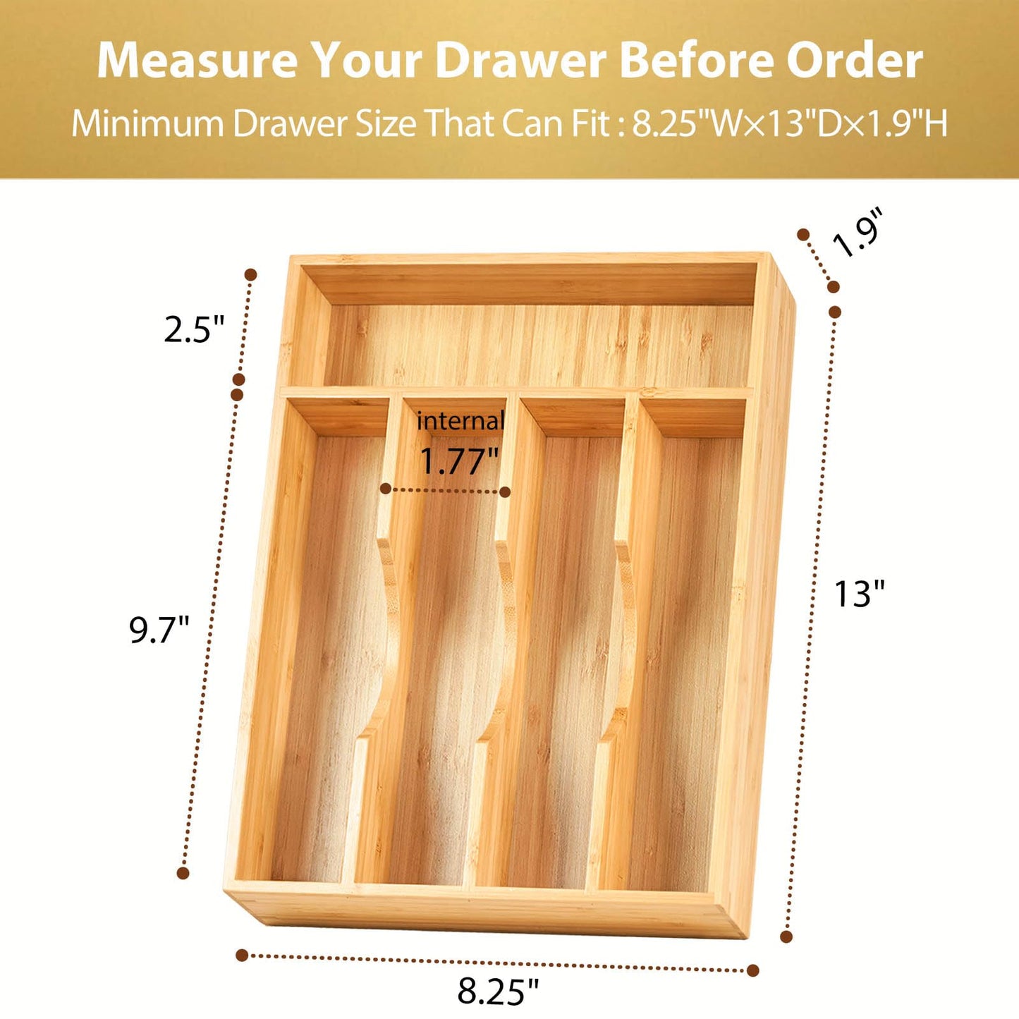 Umilife Bamboo Kitchen Drawer Organizer, 8.25 Inch Silverware Utensils Tray Holder for Small Drawer, Wood Caddy for Flatware Cutlery Knives