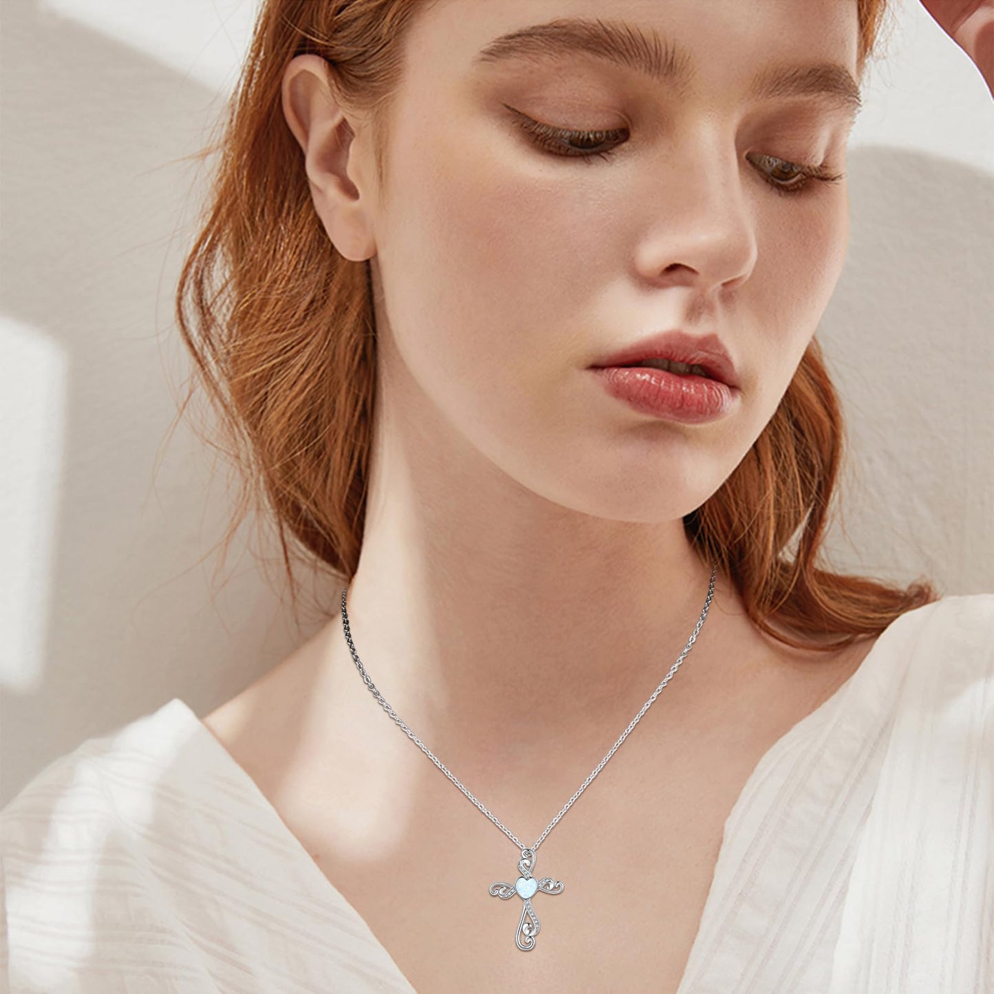 Twoowl Cross Necklace 925 Sterling Silver Opal Necklace Cross Crucifix Pendant Christian Catholic Religious Jewelry Gifts for Women