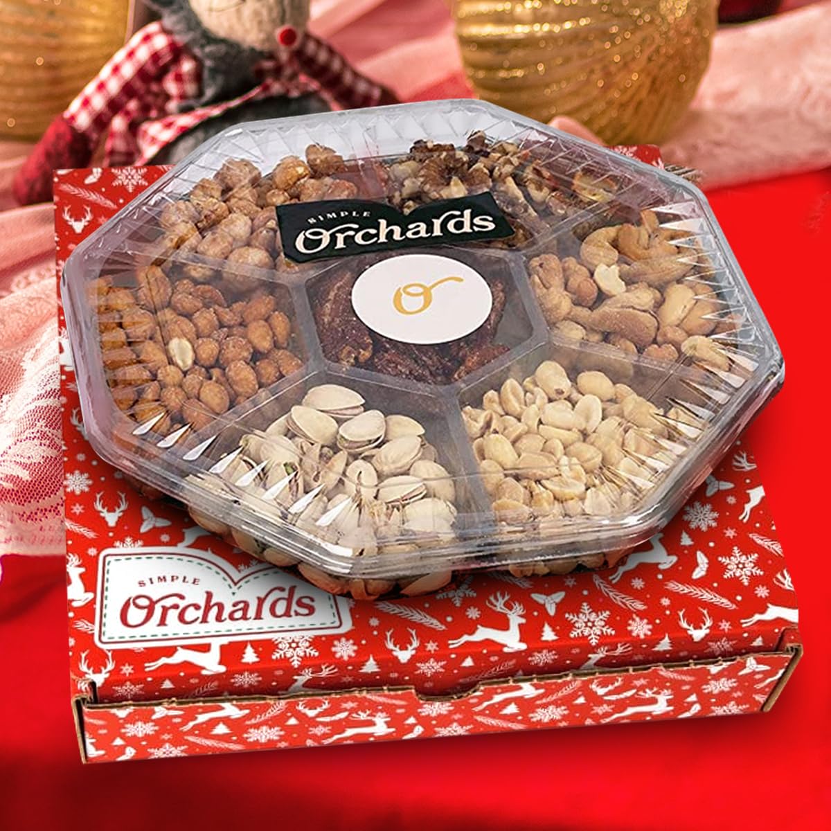 Christmas Nuts Gift Basket for Holiday Season, Premium Mixed Nut Assortment Gift Gourmet Snack Food Present Box, Vegan, Organic and Kosher - Christmas Gift Basket for Family (7 Sectional)