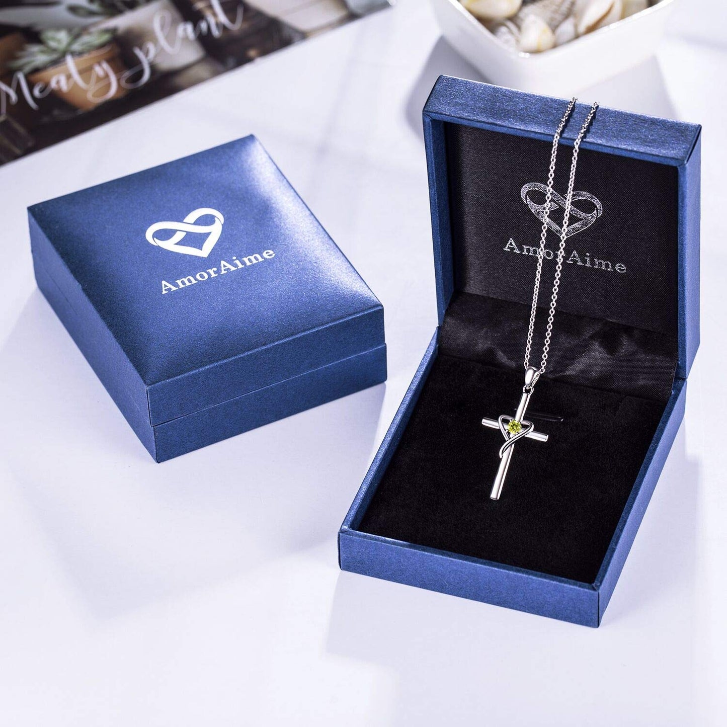 AmorAime 925 Sterling Silver Cross Necklace for Women Men 14K Gold Plated 5A CZ Birthstone Necklaces for Holiday (H.Green-August-Peridot)