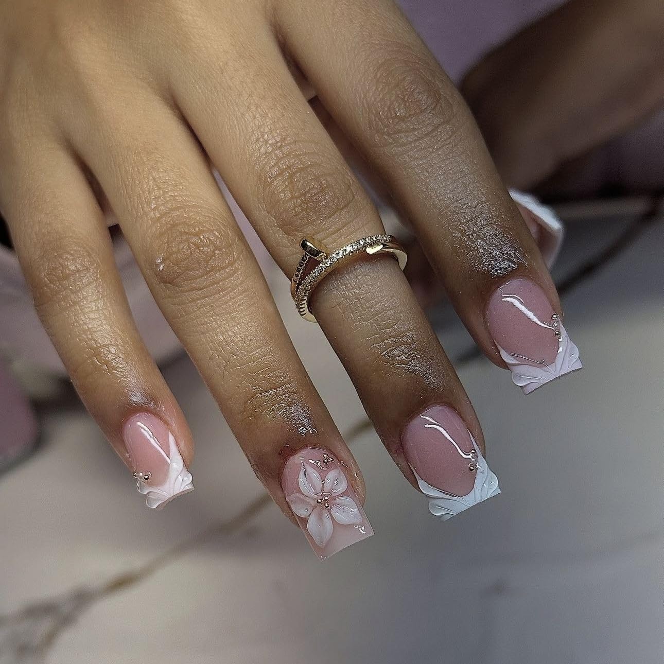 French Press on Nails Short Square White Fake Nails 3D Pink Flower Nail Press Ons with Gold Pearl Design Gold Nail Tip False Nails Spring Summer Stick on Nails Full Cover Glue on Nail for Women