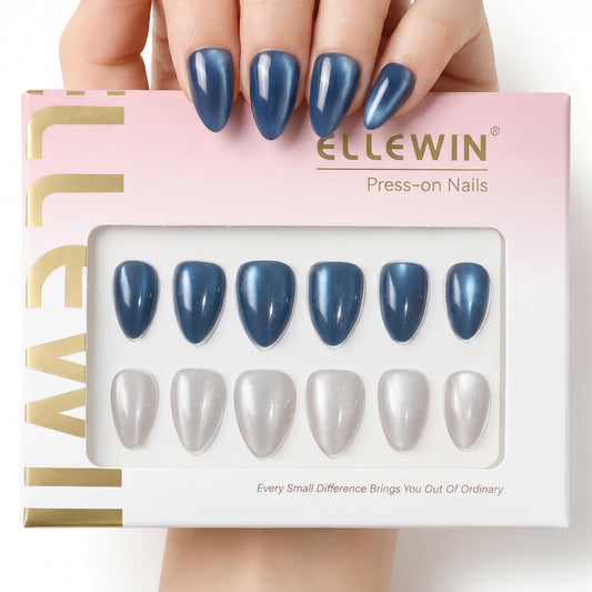 ELLEWIN 60 Pcs Cat Eye Press on Nails Medium Almond - Royal Blue & Silver White, 15 Sizes Acrylic Glossy Glitter Stick on Nails Set with Glue, Remover & Accessories for Women