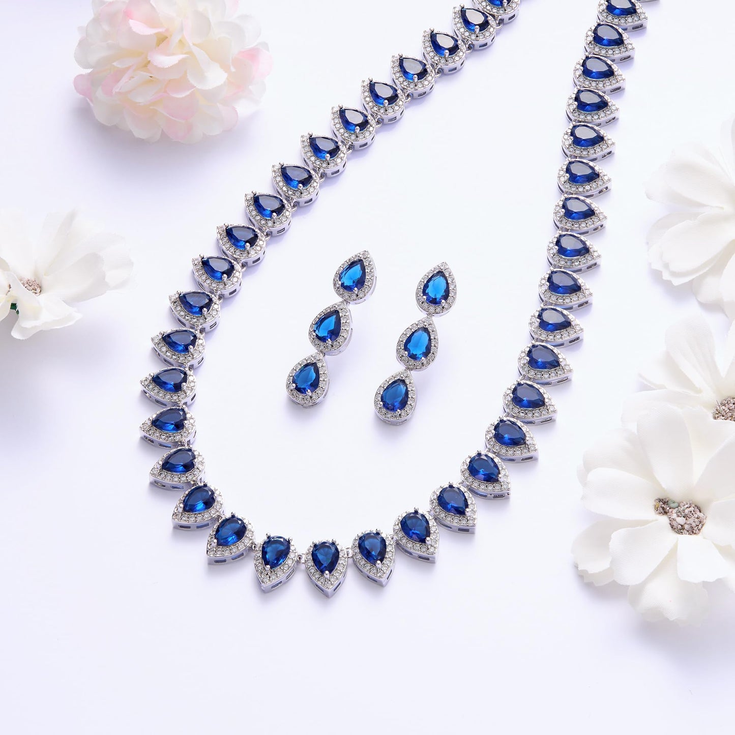 EleQueen Women's Wedding Bridal Full Prong Cubic Zirconia Sapphire Teardrop Necklace Earrings Set for Brides Bridesmaids Blue-Silver-Plated-Brass