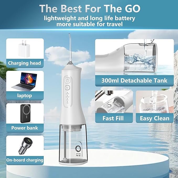 Portable Cordless Water Dental Flosser Teeth Pick 300ML Rechargeable Oral Irrigator with 4 Modes, IPX7 Waterproof,Powerful Flossing for Gum Care, Braces, and Deep Cleaning (Black)