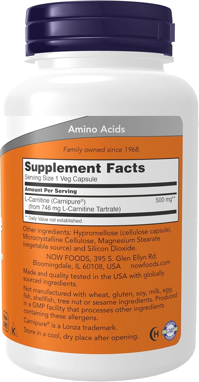 NOW Foods Supplements, L-Carnitine 500mg, Purest Form, Amino Acid, Fitness Support*, 180 Veg Capsules