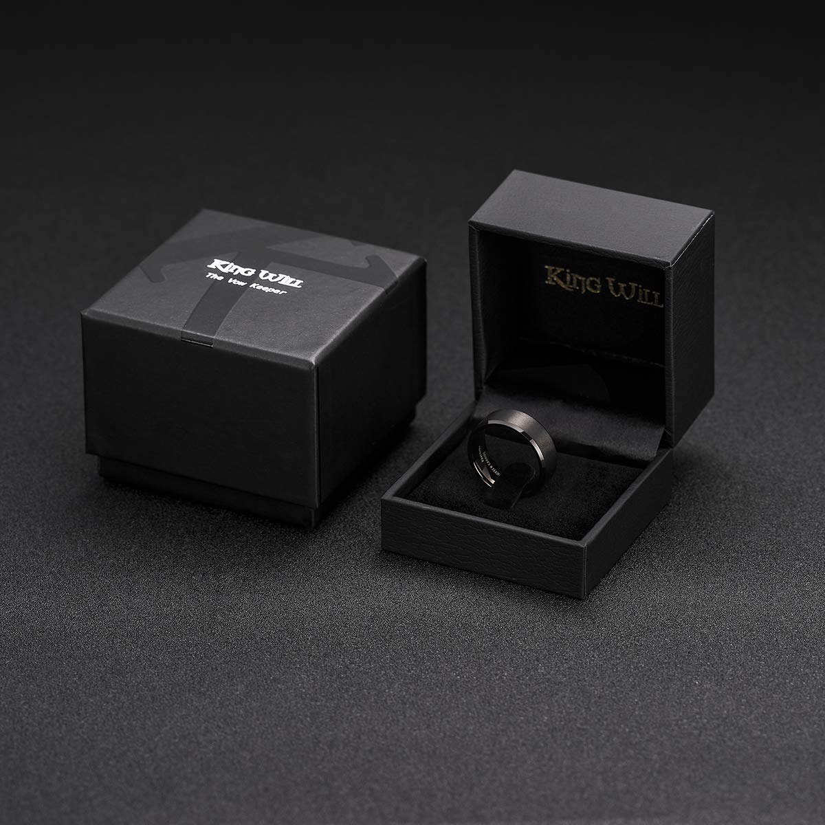 King Will 9mm Men's Black Wedding Ring - Brushed Matte Surface, Beveled Polished Edge, Comfort Fit Size 9.5