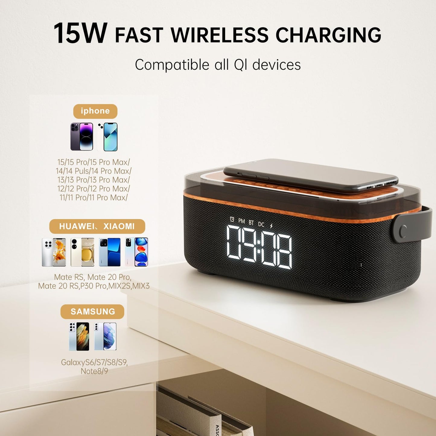 LOVME Alarm Clock Bluetooth Speaker for Bedroom, Bluetooth Stereo Sound Speaker, Fast 15W Wireless Charger, Dimmer, Night Light for Heavy Sleepers, Gift Set, Bedside(Black)