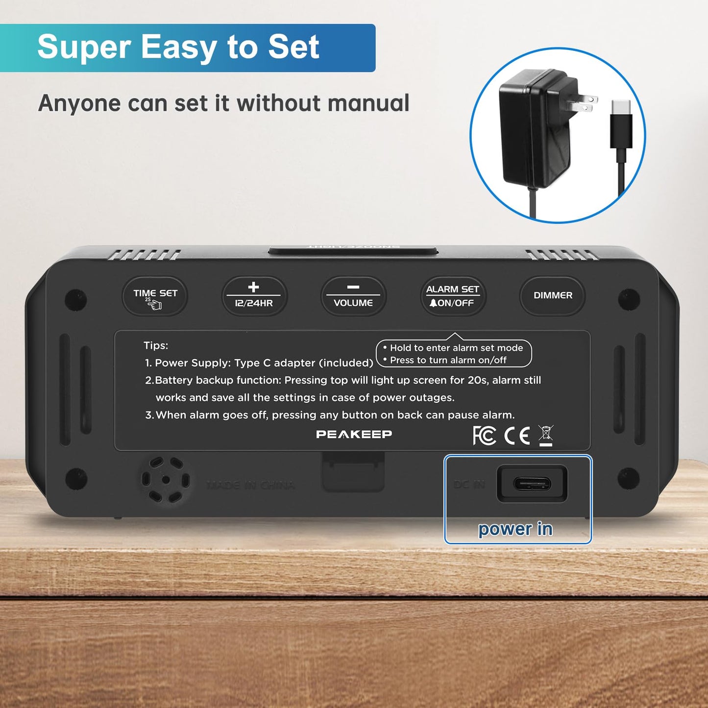 Peakeep Small Digital Alarm Clock Plug in for Bedrooms Bedside, Tiny Electric Clock Large Big Numbers Display with Battery Backup for Desk Table, 6 Dimmers, 5 Adjustable Alarm Volumes (Blue)