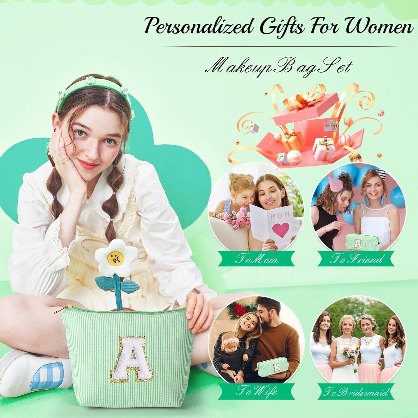 YOOLIFE Gifts - Personalized Mother's Day, Graduation & Birthday Gifts for Women - Monogram Initial Cute Makeup Bag Cosmetic Toiletry Pouch Make Up Case