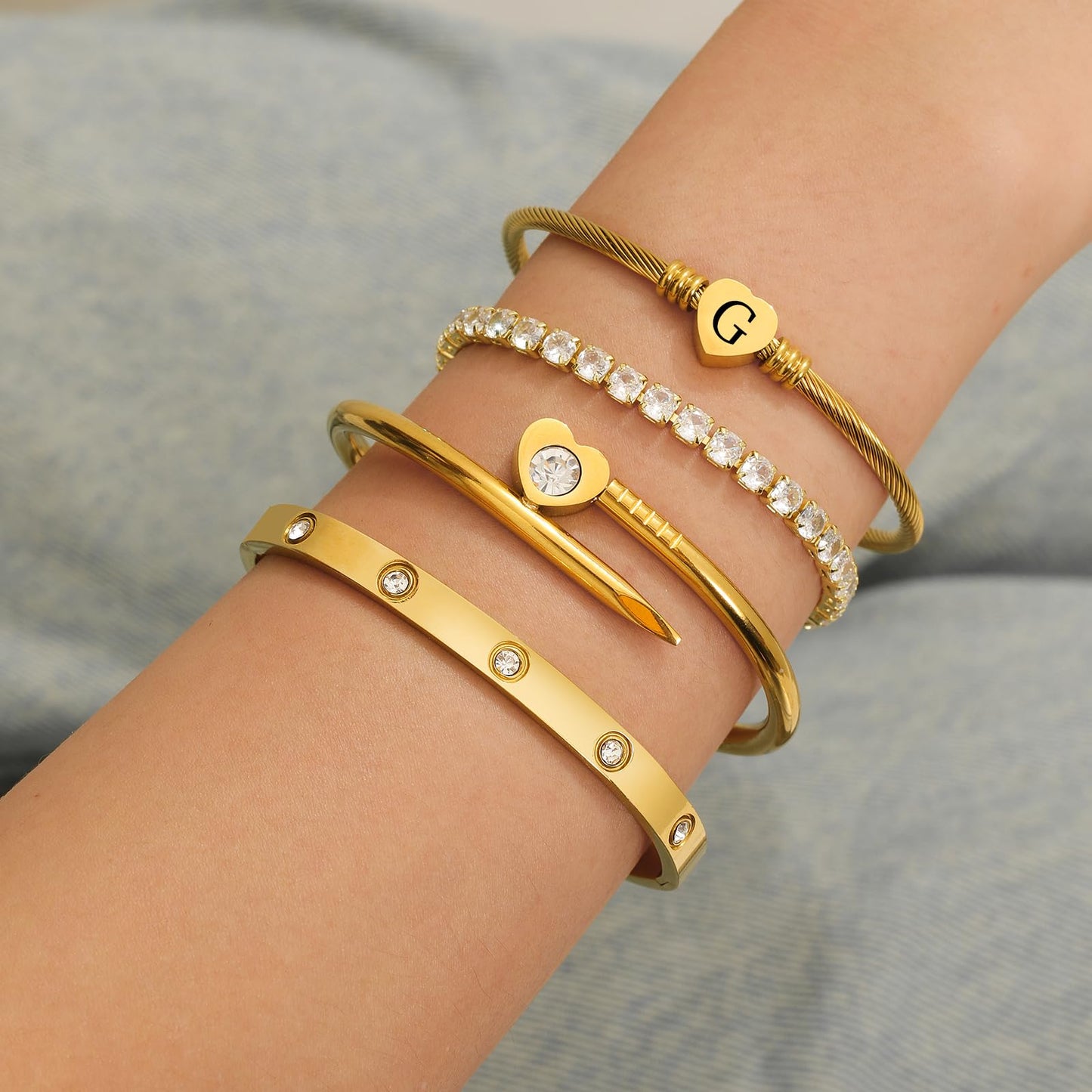 MEIERYA18K Gold Plated Nail love Bangle Bracelet Set for Women,Cubic Zirconia,Adjustable tennis bracelet Trendy Gift Jewelry for Mother's Day Anniversary (06-Style-G)