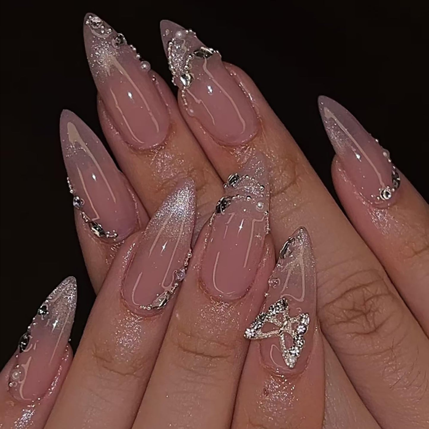 24Pcs Silver Rhinestones Press on Nails Medium Almond Fake Nails Butterfly Gems Glitter Full Cover Acrylic French Tip Glue on Nails Gradient Pink False Nails Stick on Nails for Women Nail Decorations