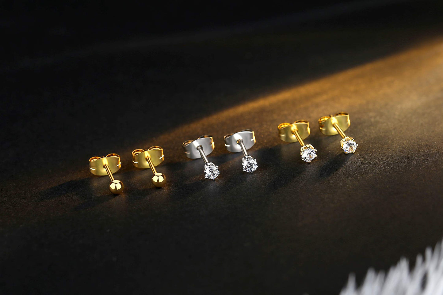 FOSIR 6 Pairs 4mm Women's 14K Gold Plated Stainless Steel Round Clear Cubic Zirconia Stud Earrings, 4mm CZ