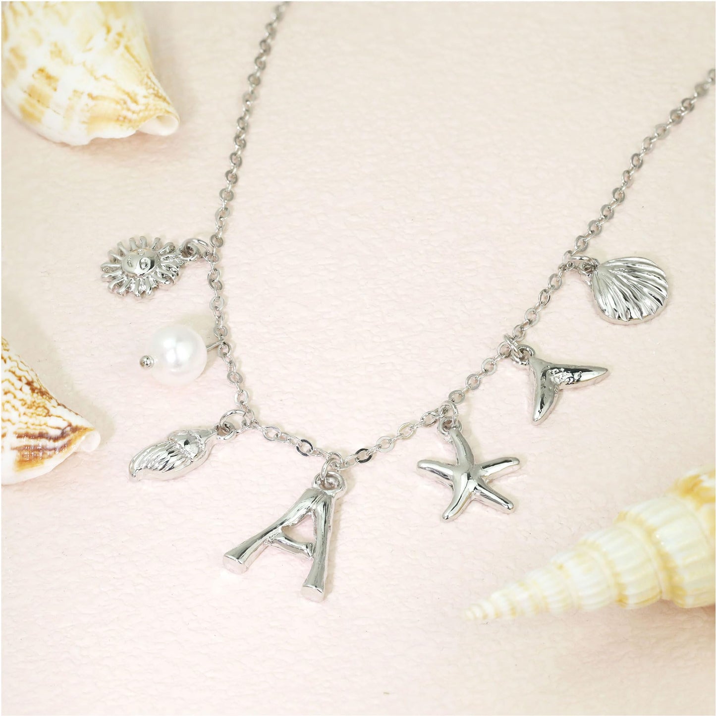 JALZEMPL Initial Charm Necklace For Women Seashell Shell Letter Boho Summer Beach Starfish 14k Gold Plated Silver Pendant Surfer Jewelry Gifts (Z,Silver)