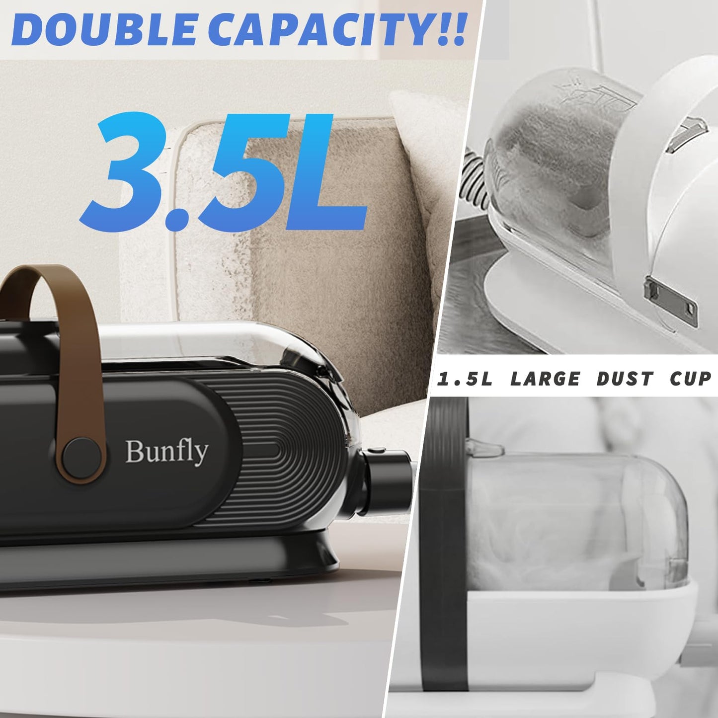 Bunfly Dog Grooming Kit with 13000kpa Strong Grooming & Vacuum Suction 99% Pet Hair,3L Capacity,11 Grooming Tools Dogs Cats and Other Animals,Home and Car Cleaning -Black