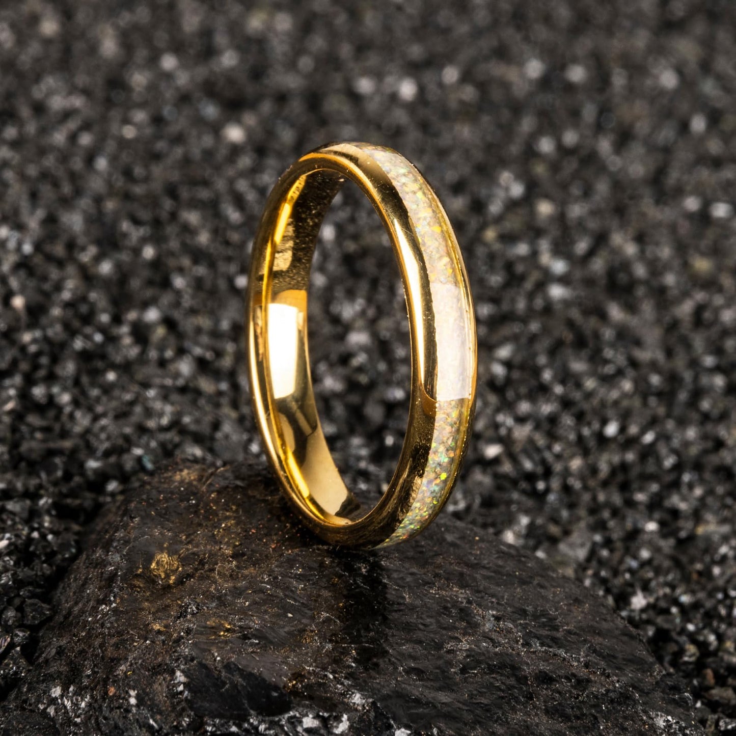 JEWPER 4mm Men Womens Wedding Band Tungsten Rings Gold Fashion Promise Carbide Inlaid White Opal Matte Finish Edge Comfort Fit Size(9)