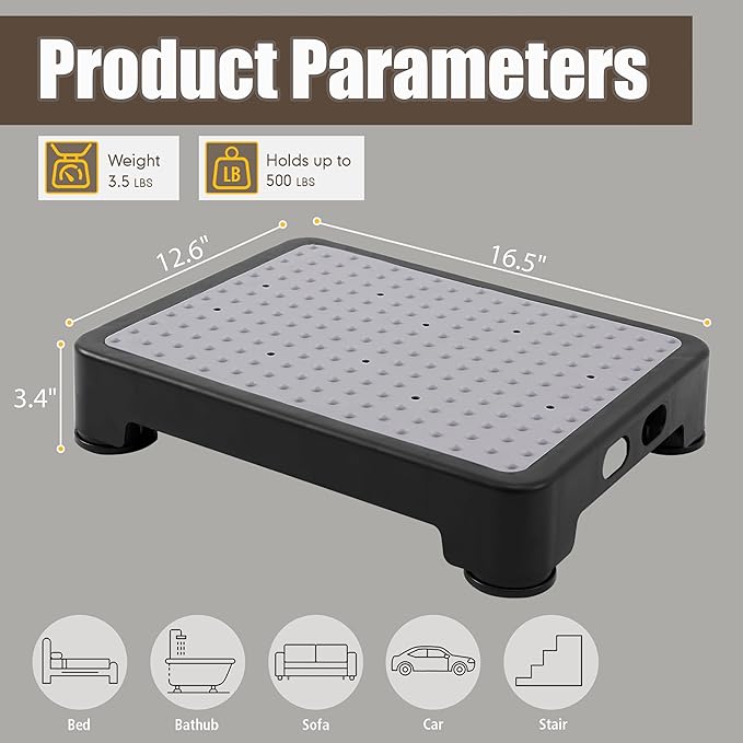CHIKILLA Step Stool for Adults Kids and Seniors, Non-Slip Step Platform Indoor and Outdoor for Pregnant Woman, Portable Stair Assist for Kitchen Office Bedroom Car Bedside and Shower, Black-Gray 3.4In