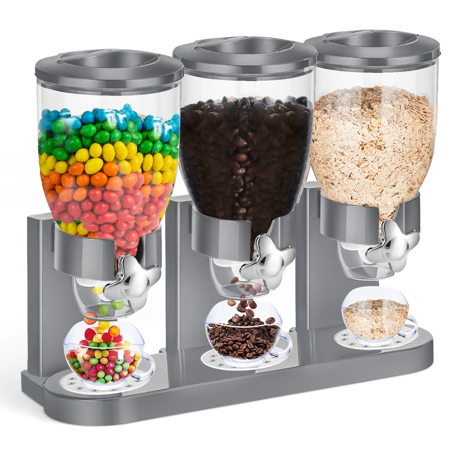 Umigy 1 Pack Triple Indispensable Dry Food Dispenser 67oz Each Capacity Cereal Container for Storage Preserving Dispensing Kitchen Rice Candy Nuts Dog Food Granola Snack Gumball Countertop (Gray)