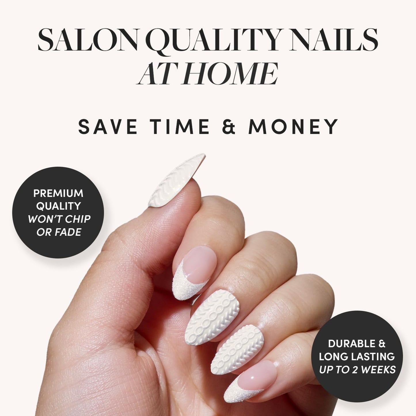Glamnetic Press-On Nails Bundle - Sweater Weather, Cold Hearted & Velvet Pine | Short Almond Fake Nails with White Glitter French Tips & 3D Designs | Short Almond Fake Nails with Heart Accent and Pale