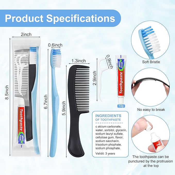 20 Sets Disposable Toothbrushes with Toothpaste Floss Comb Individually Wrapped, Disposable Toothbrush Bulk, 10g Toothpaste,Dental Floss,6in Comb Bulk Toothbrush Kit for Homeless,Airbnb,Hotel