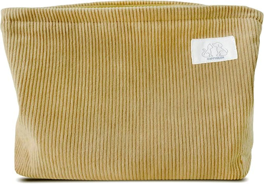 HAPPYHEIDI Cute Corduroy Pouch Makeup Bag Cosmetic Toiletry Travel, Tote Purse Organizer, Machine Washable, Large Capacity, Camel Yellow Brown
