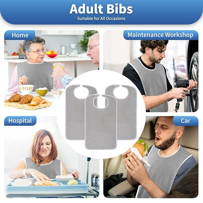 3 Pack Premium Unisex Adult Bibs for Elderly Women Men, Waterproof Bib for Eating, Adjustable and Washable (Grey)