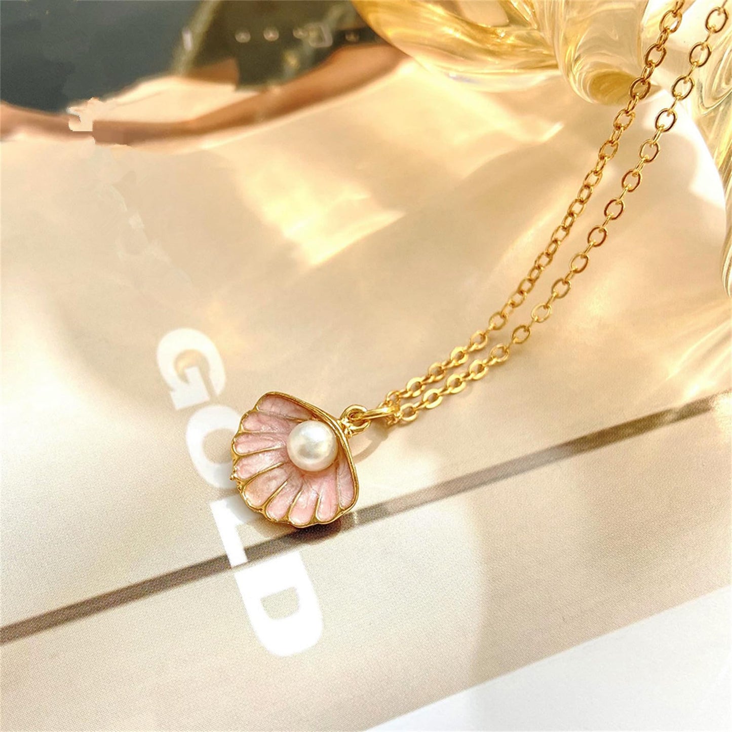 Seashell Pearl Pendant Necklace Gold Plated Boho Enamel Pink Blue Scallop Sea Shell Starfish Ocean Animal Chain Necklace for Women Hawaiian Summer Beach Holiday Fashion Jewelry Gifts (Pink)