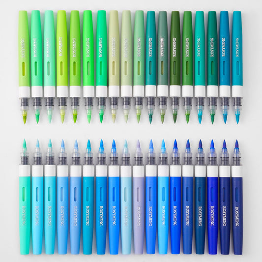 JinMaGDST ROSYMENG Green Blue Art Markers: 36 Colors Acrylic Paint Pen Set with Soft Brush Tip, Straight Liquid Quick-Dry Design, Drawing Supplies for Adult Coloring Books, Rock, Wood, Glass, Fabric
