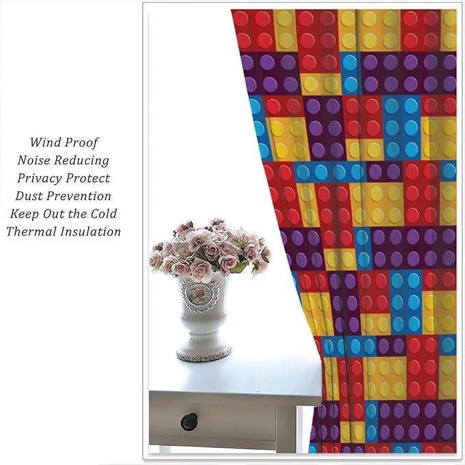 Building Block Colored Curtains, Children's Themed Curtains Collection Building Block Patchwork Cartoon Print Curtains, Light Trim 2 Panel Set Rod Pockets 42x63in
