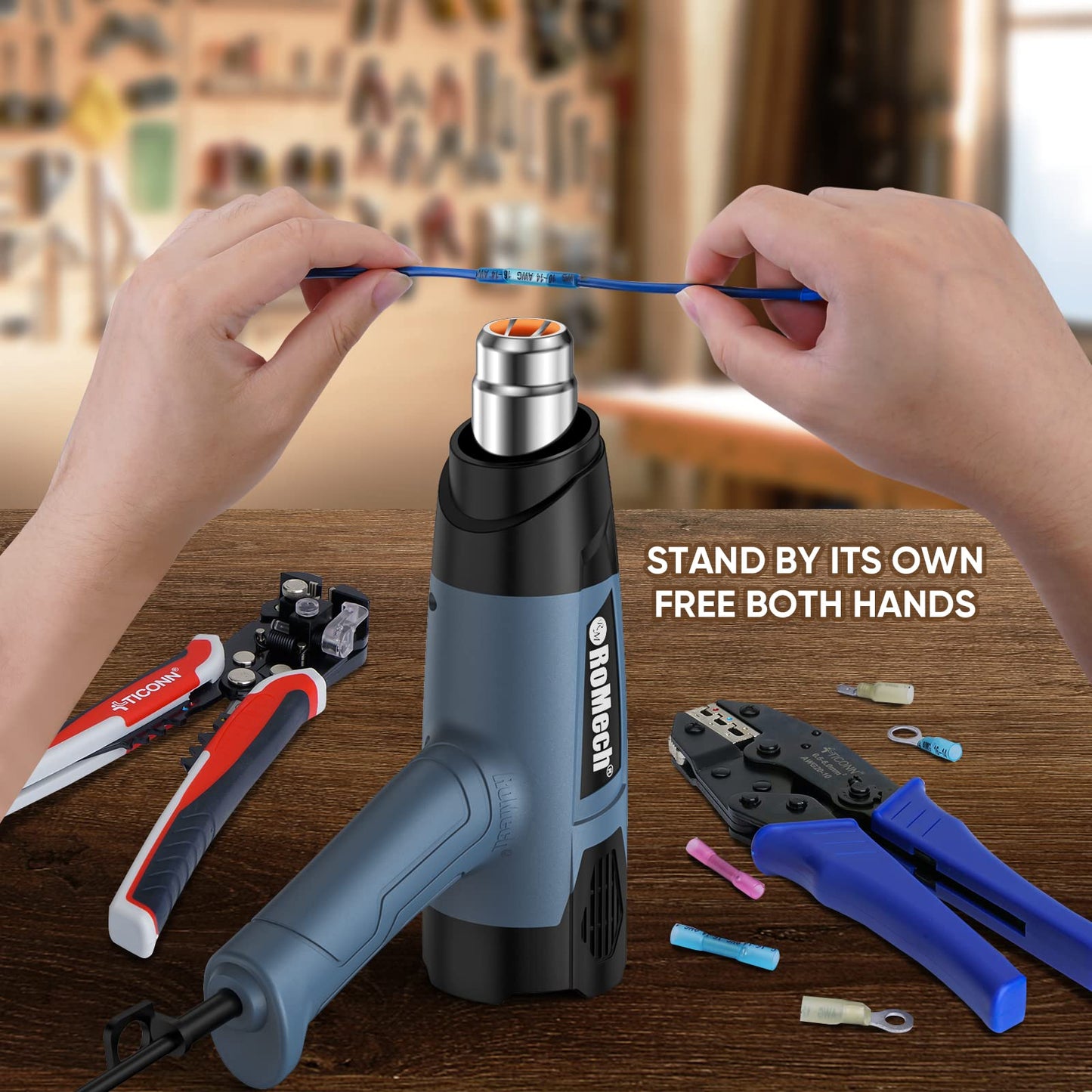 ROMECH 1500W Heavy Duty Heat Gun, Variable Temperature Control Hot Air Gun Kit with 2 Air Flow 120°F~1200°F and 4 Nozzles for Crafts Shrink Wrap (Blue)