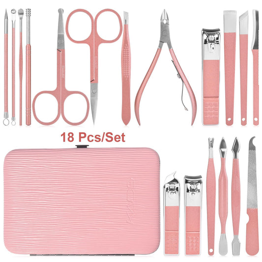 KADS Manicure Set 18 in 1 Professional Pedicure Set Nail scissors Grooming Clipper Kit with Leather Travel Case Pink