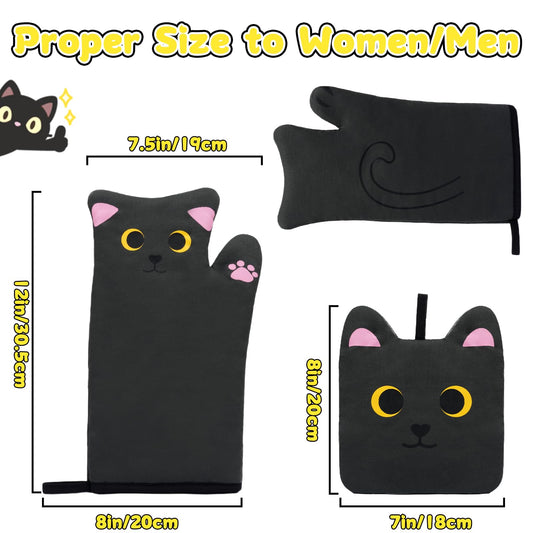 NIGOWAYS Oven Mitts,Cute Cat Design Cooking Glove,Quilted Cotton Lining,Heat Resistant Oven Mitts And Pot Holders Sets For Baking,Microwave,Cute Mitts Gift For Mom,Housewarming(Black)