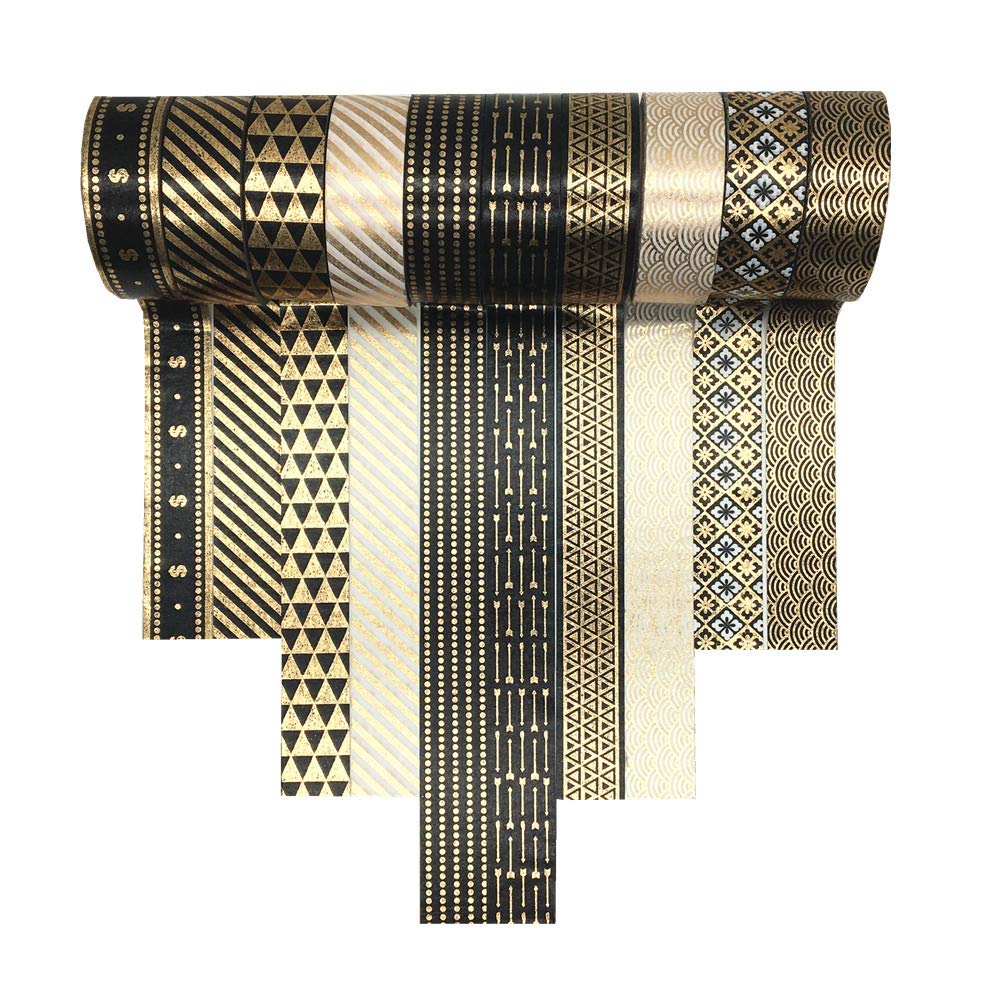 VIVIQUEN Gold Washi Tape Set 15MM Foil Skinny Masking Tape Decorative Pack for DIY Scrapbooking, Crafts, Gift Wrapping, Holiday Decoration (Black Basic Pattern 10 Rolls)