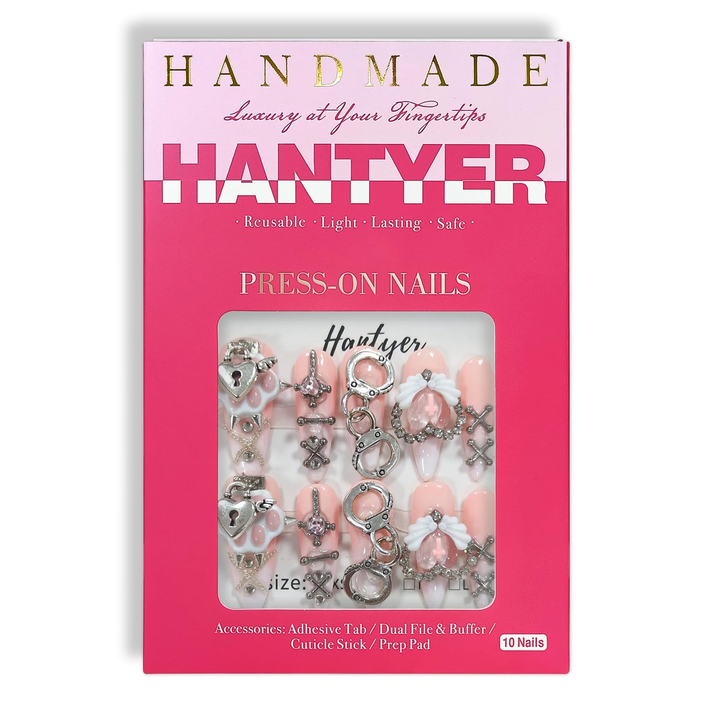 Hantyer Nude Ombre Gothic Press on Nails with Cat Paw Print & Silver Charms, Long Stiletto Glossy Sweet Cute Fake Nails, Reusable Kawaii False Nails for Women Birthday Party Cat Lover Gifts (Size S)