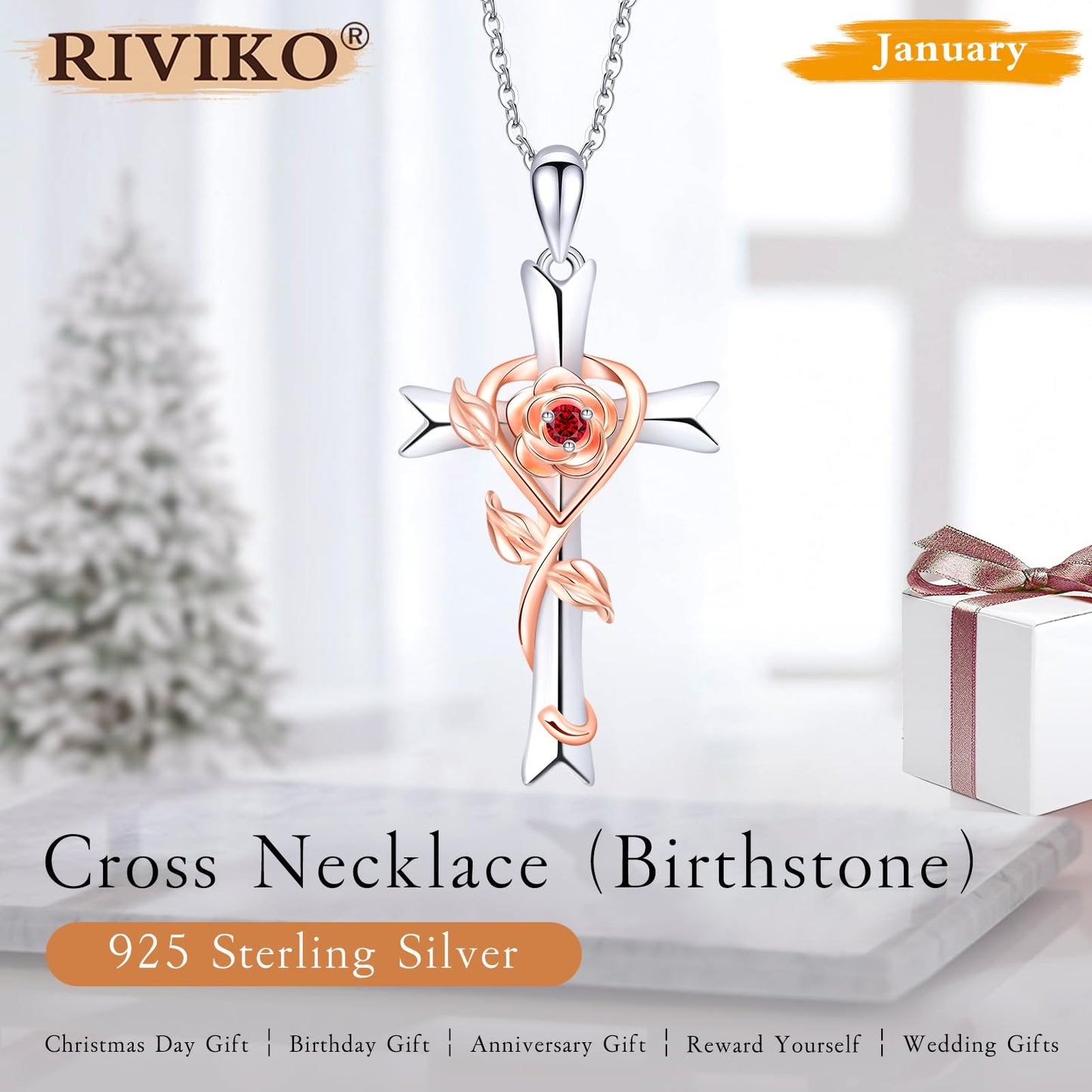 RIVIKO Mothers Day Gifts for Mom-925 Sterling Silver Cross Jan Birthstone Necklace for Women Cross Rose Necklaces Valentine's Day Christmas Anniversary Jewelry Birthday Gift for Women Her Wife