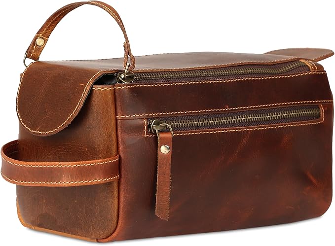 KomalC Premium Buffalo Leather Toiletry Bag for Men & Women – Leather Dopp Kit With Water resistant Lining, Premium Toiletry Travel Pouch, Unisex Wash Bag for Toiletries, Gifts for Men and Women