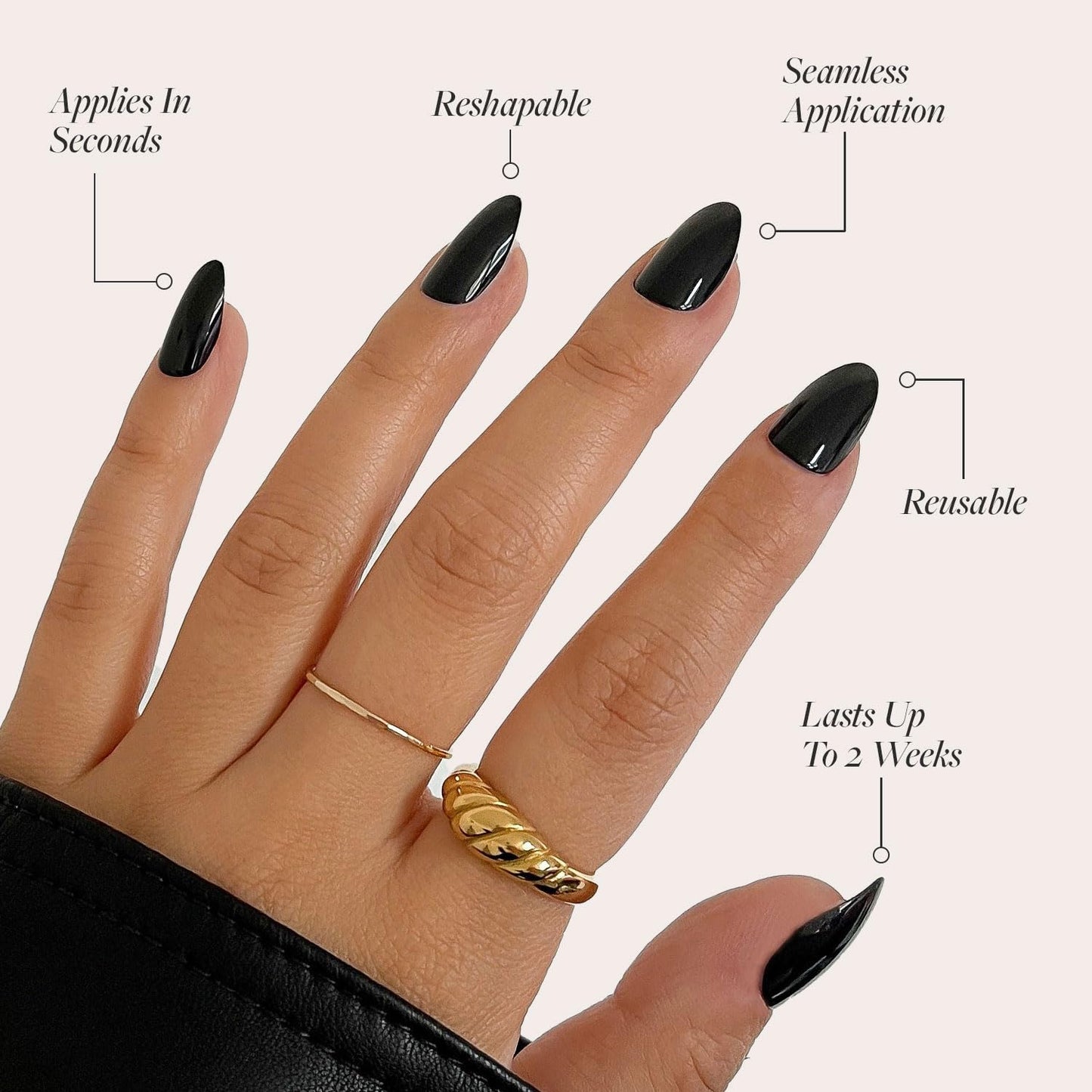 Glamnetic Press-On Nails & Adhesive Nail Tabs - Boba | Opaque Black Short Almond Nails, Reusable | 12 Sizes - 24 Nail Kit with Adhesive Tabs